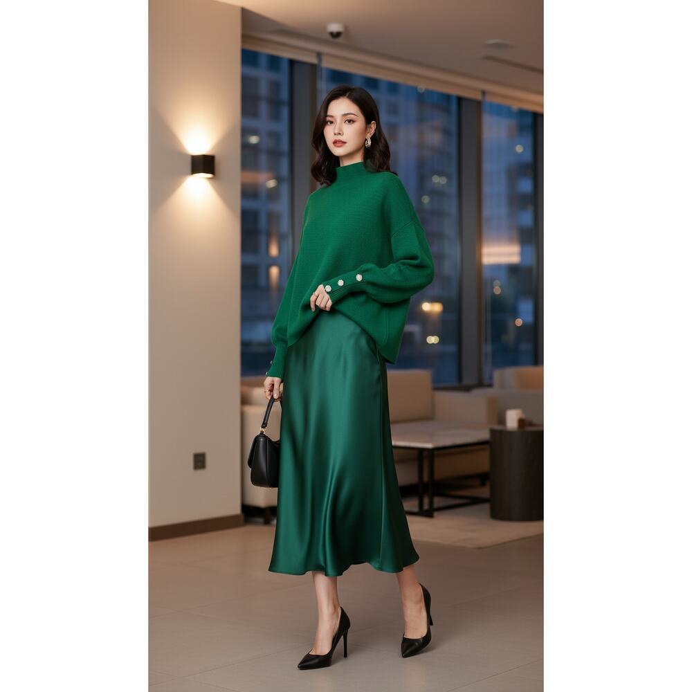 Tahari Green Mock Neck Sweater M | Rhinestone Button Cuffs | Luxe Knit